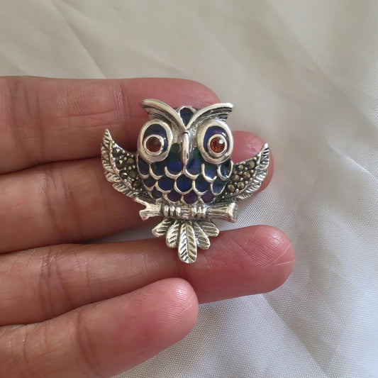 925 Vintage Silver and Marcasite Colourful Owl Enamel Brooch Pendant