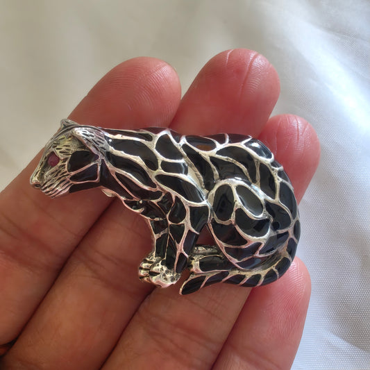 925 Vintage Silver and Marcasite Black Panther Red Eye Enamel Brooch Pendant