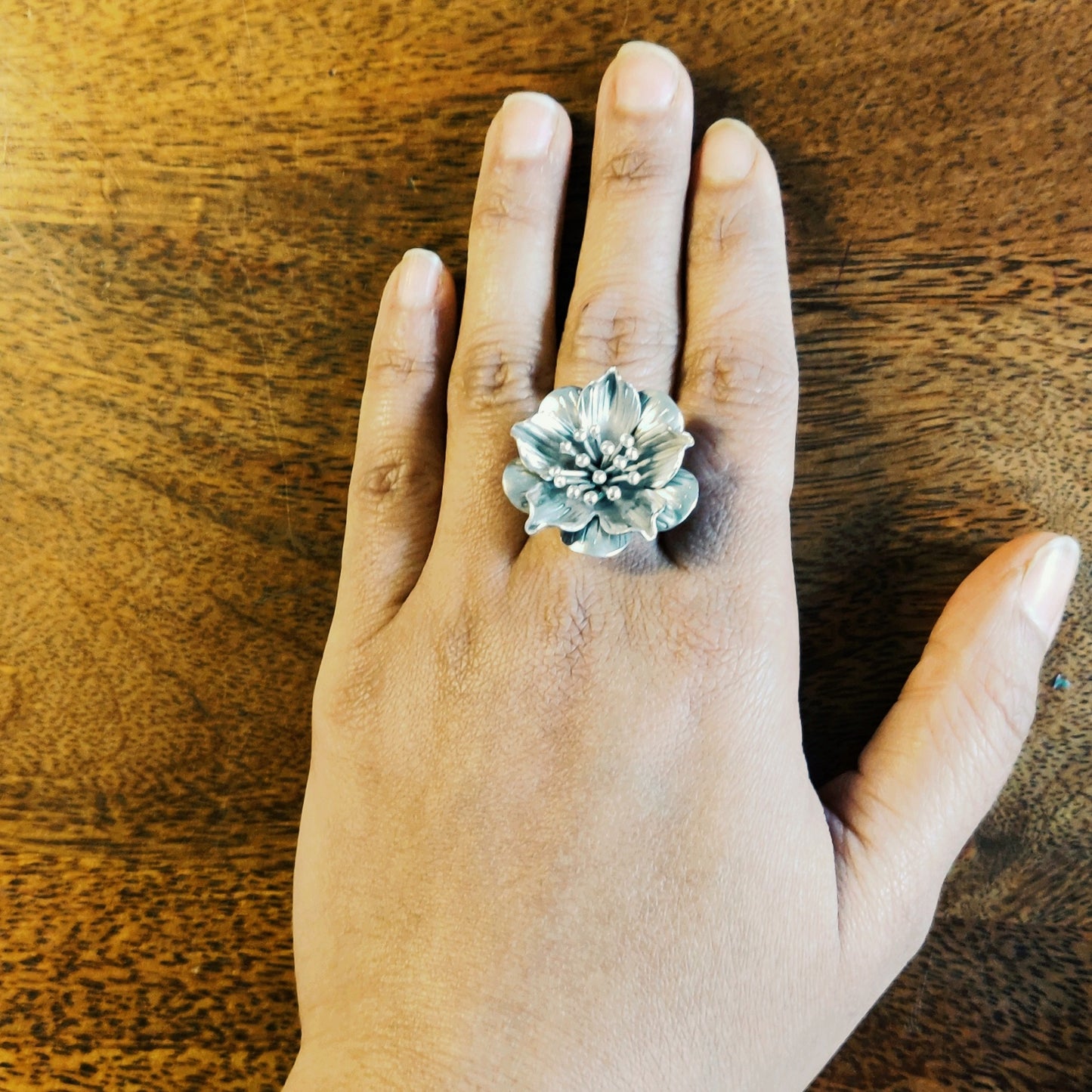 Statement 3D Hibiscus Floral Ring with Texture